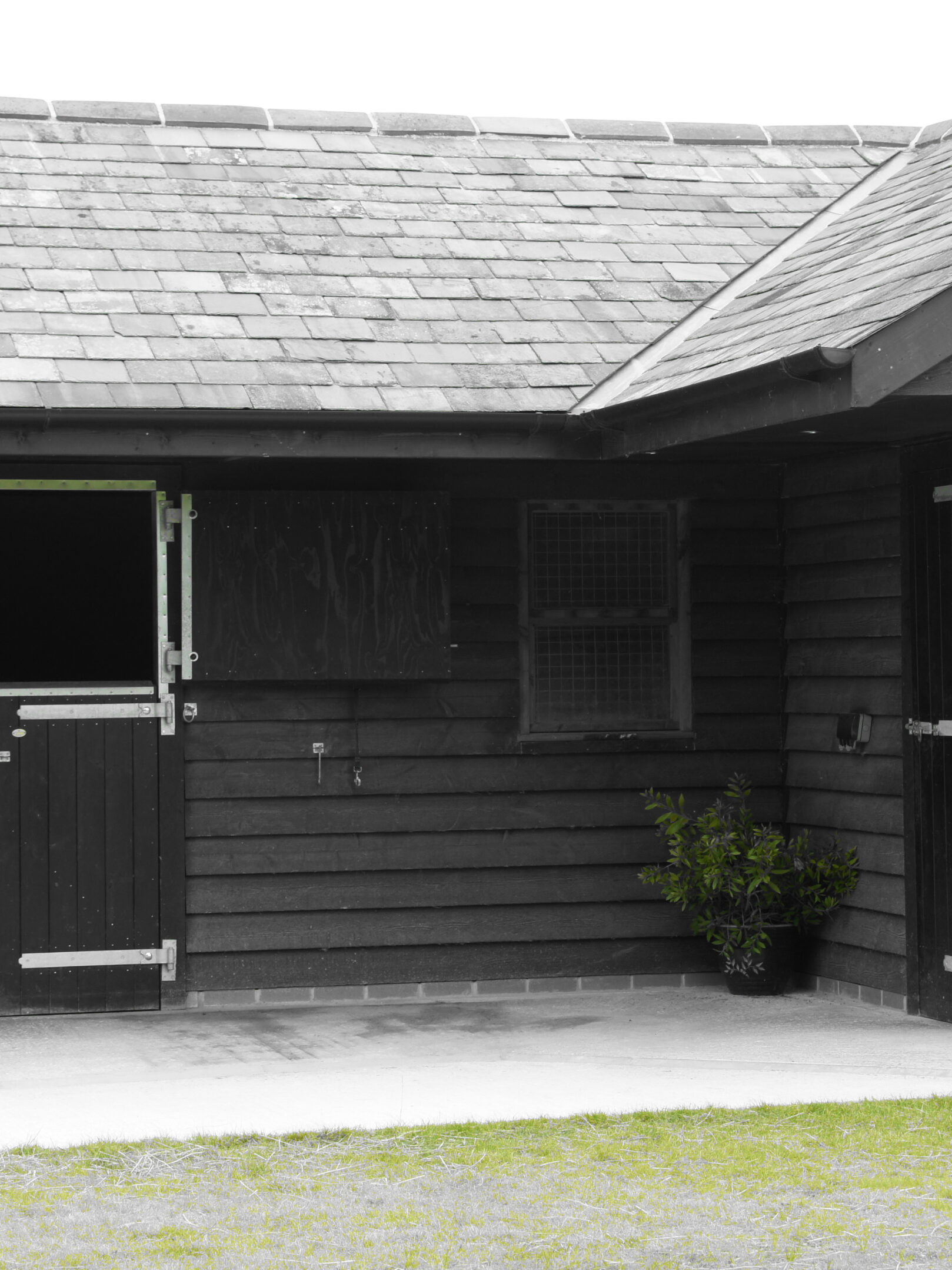 Black featheredge stable with top door open