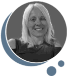 Headshot of Kim with abstract slate blue bubbles