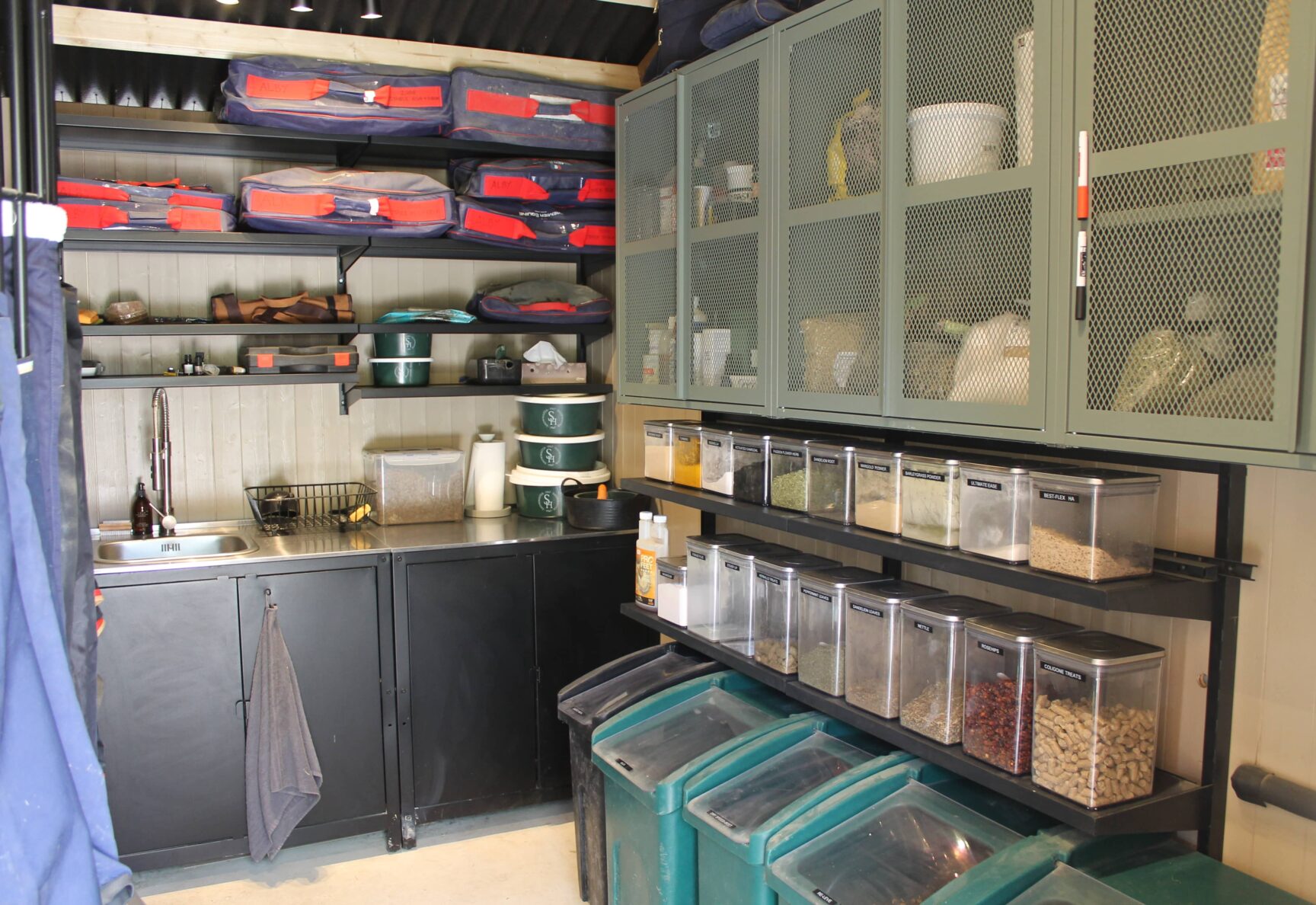 Internal feed room, decked out with feed and equipment