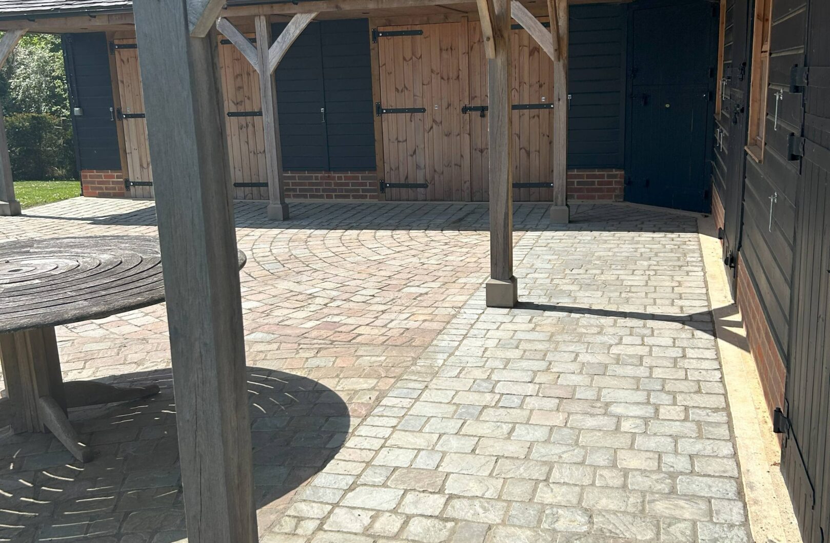 Ornate posts with curved angle braces, overhang lined with wisa spruce ply