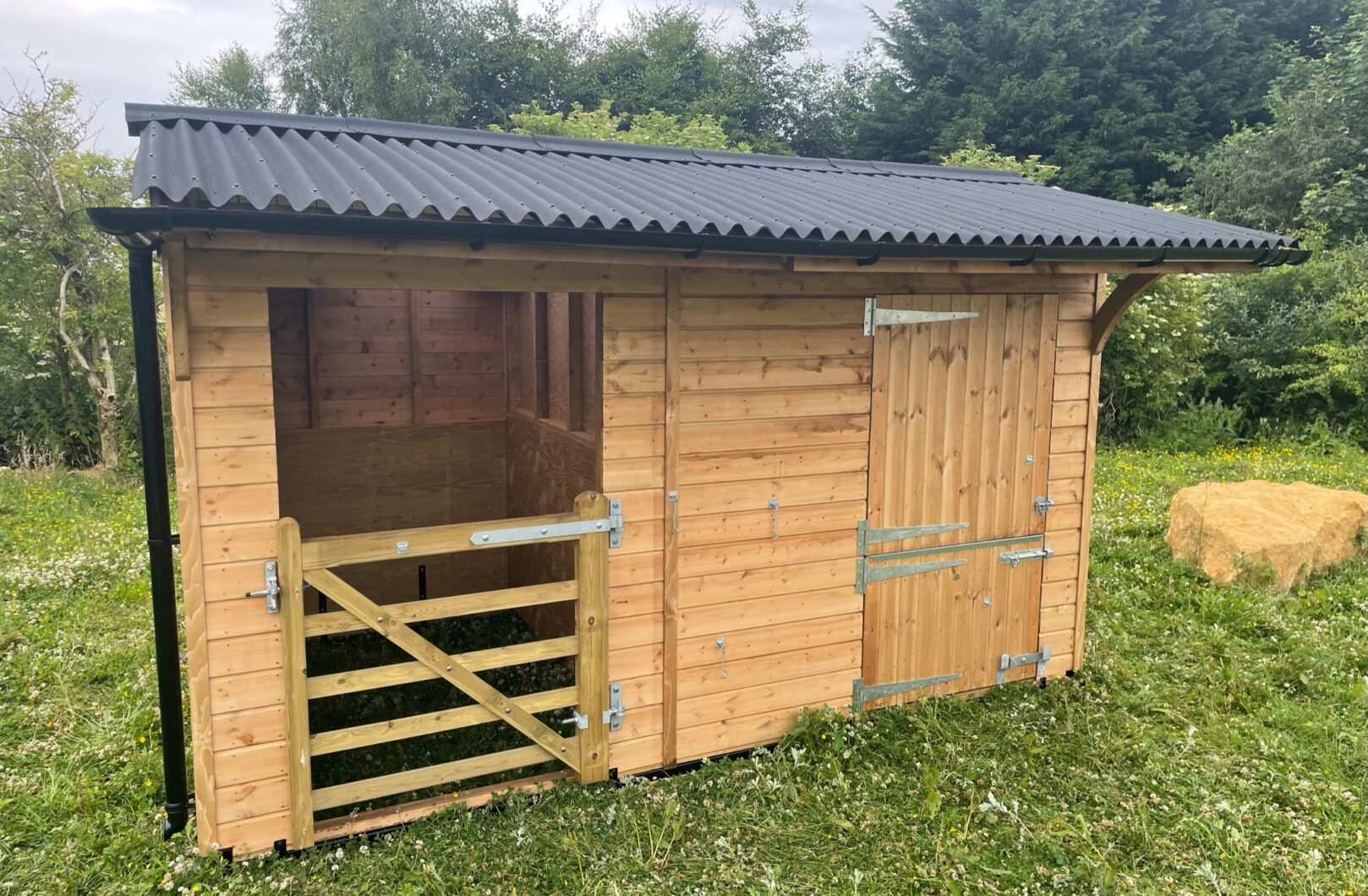 Dinkey donkey stable in paddock, doors closed