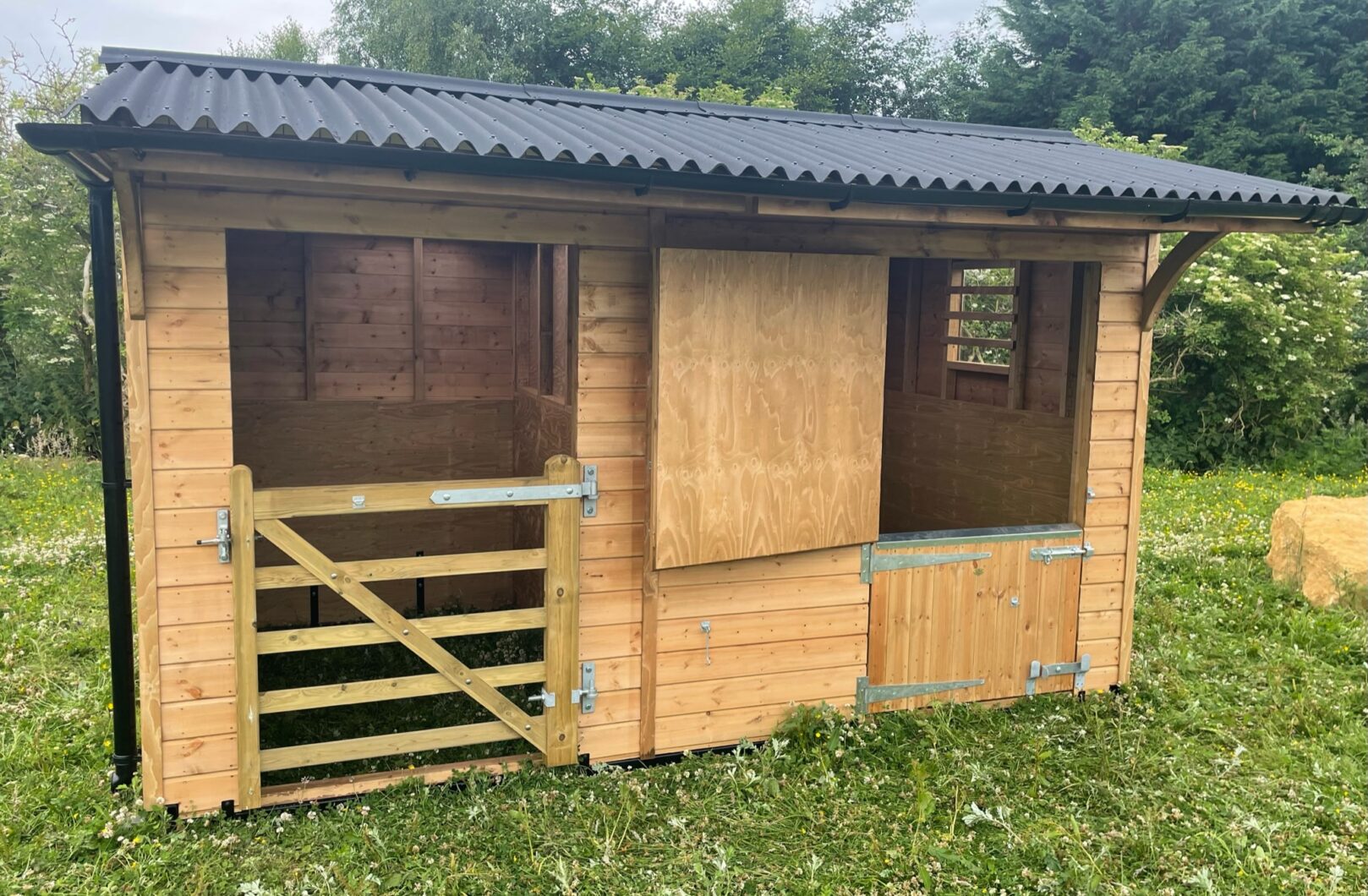 Dinkey donkey stable in paddock, top door open