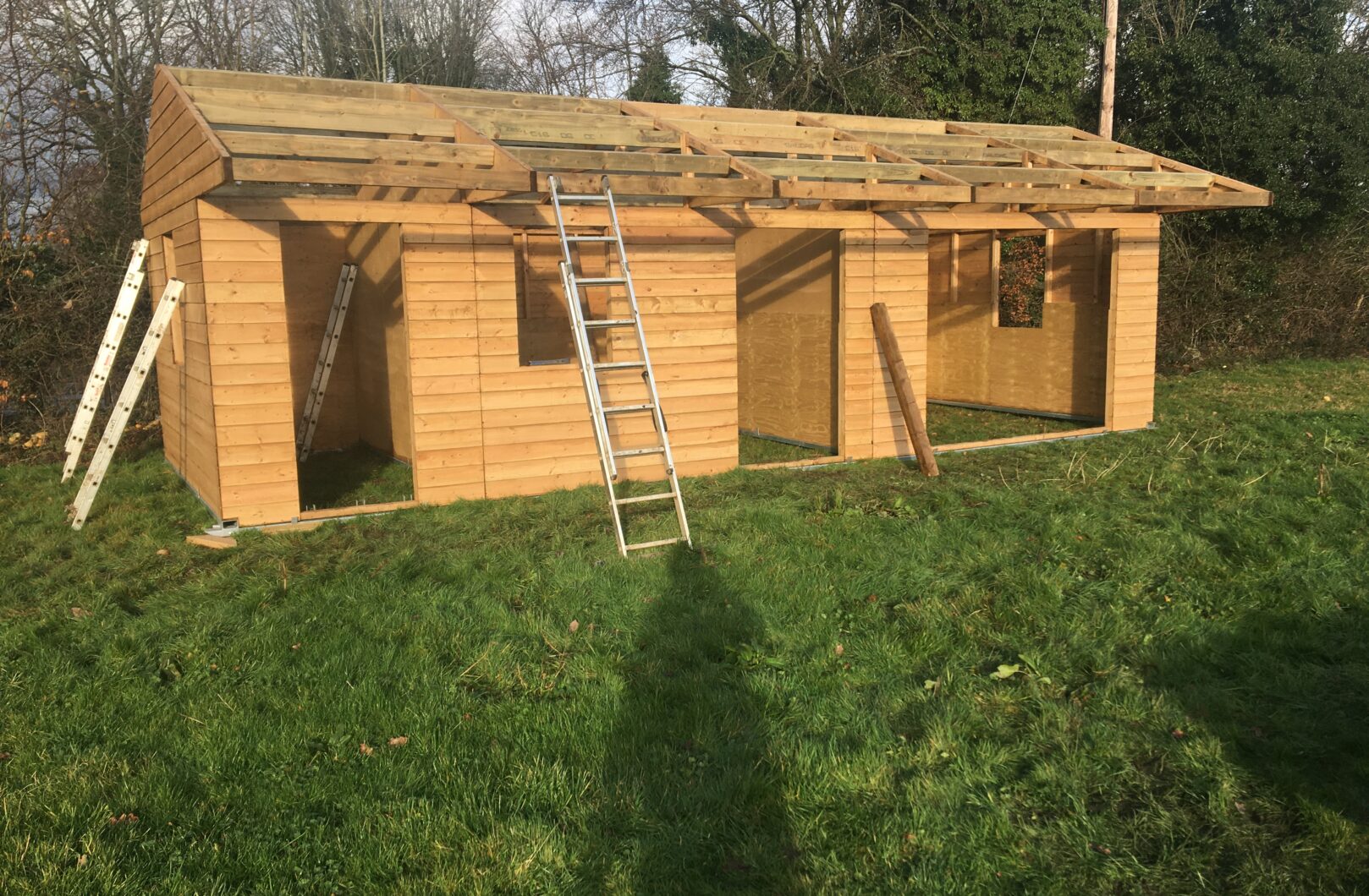 Mobile tack, stable and shelter being constructed, awaiting felt shingle roofing