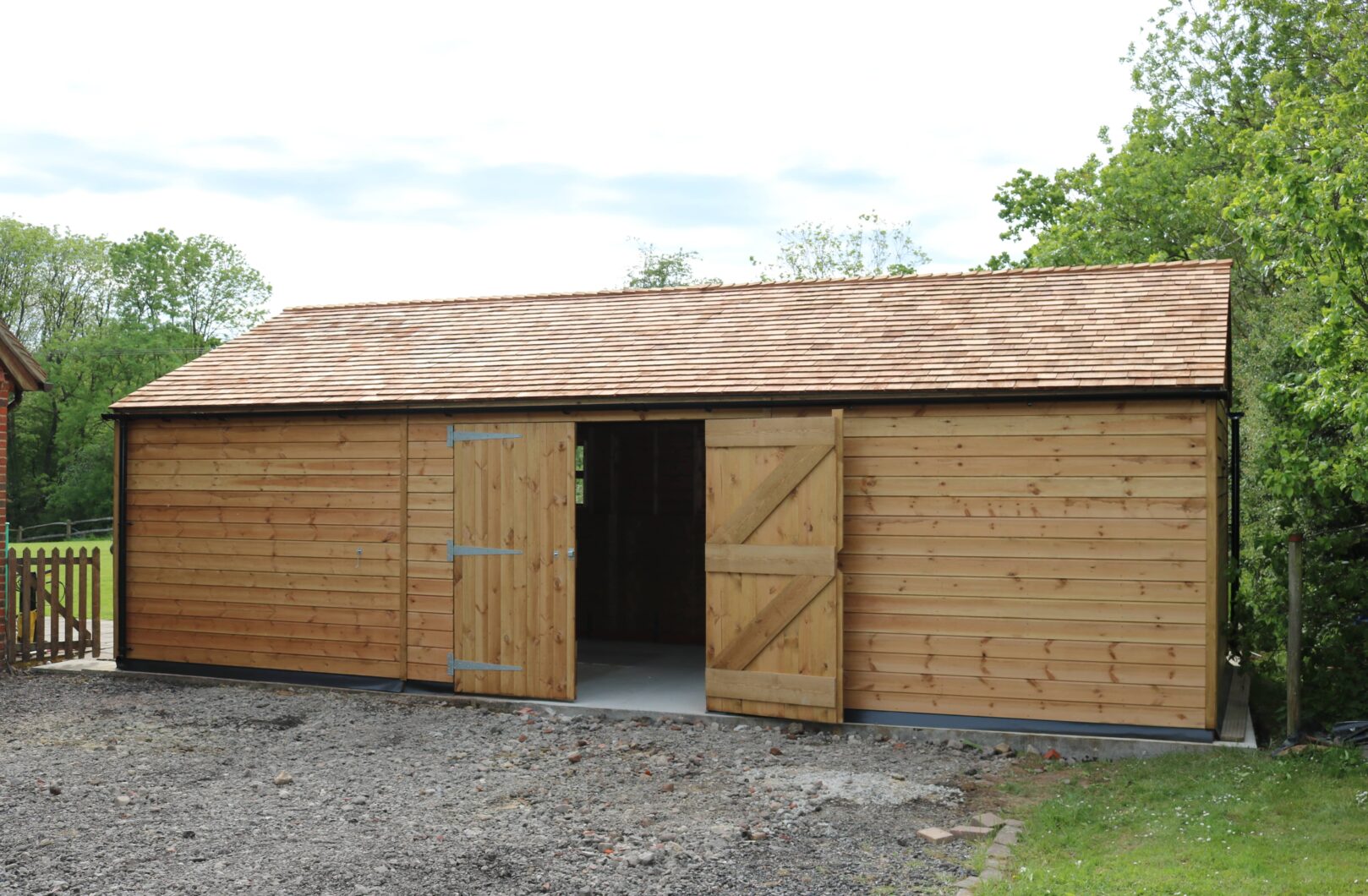 Large Garage with Cedar Shingles open
