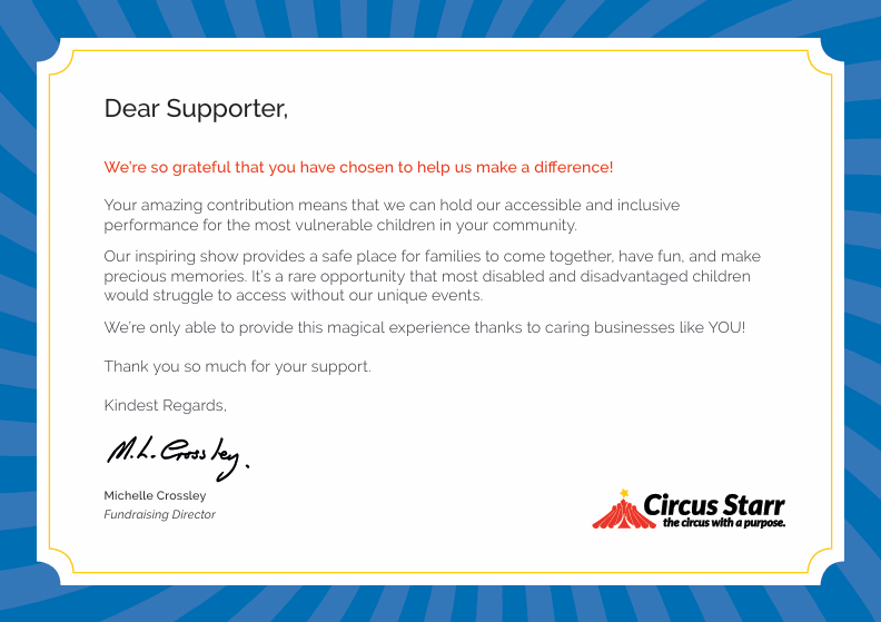 Letter of recognition for Prime Stables from Circus Starr charity