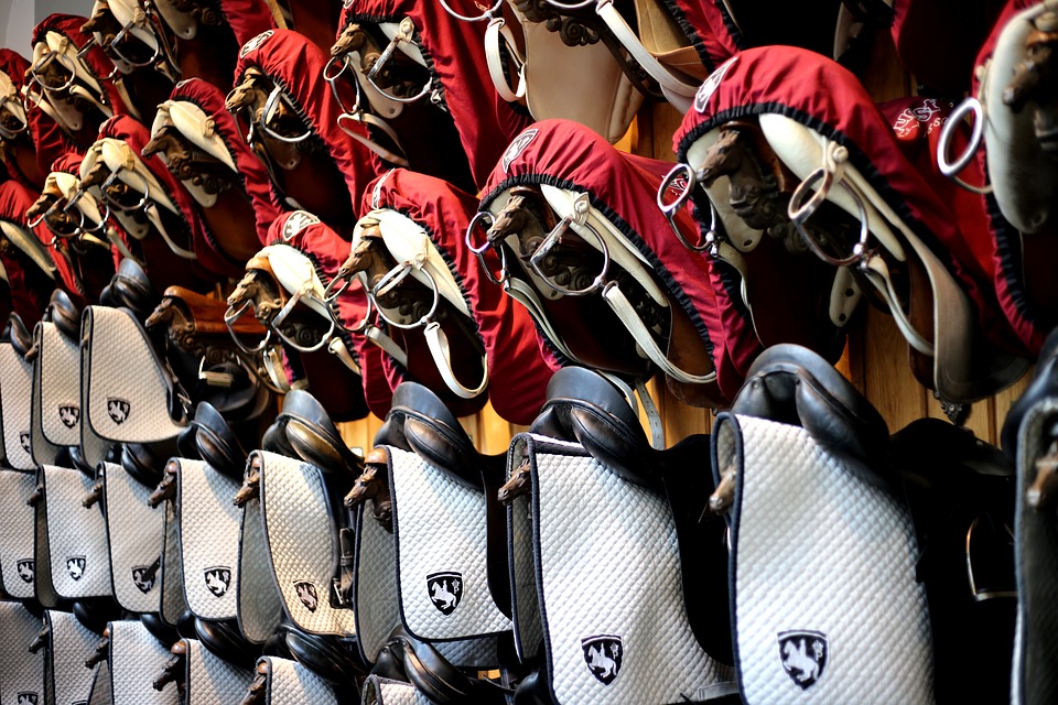 Saddles stored in a tack room