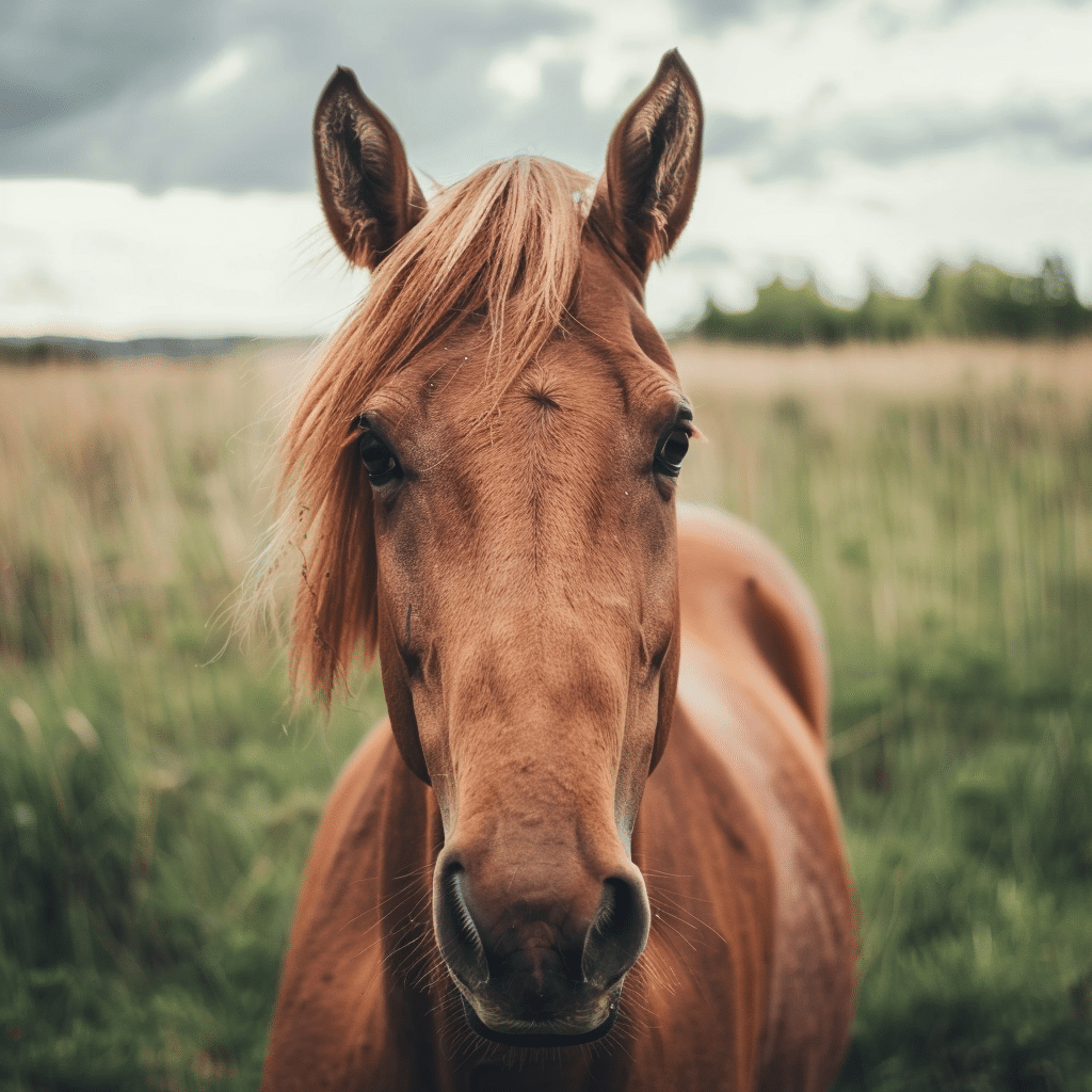 A horse with its ears pointed forward, sgnifying relaxation, this gesture indicates a horse's comfort with its surroundings.